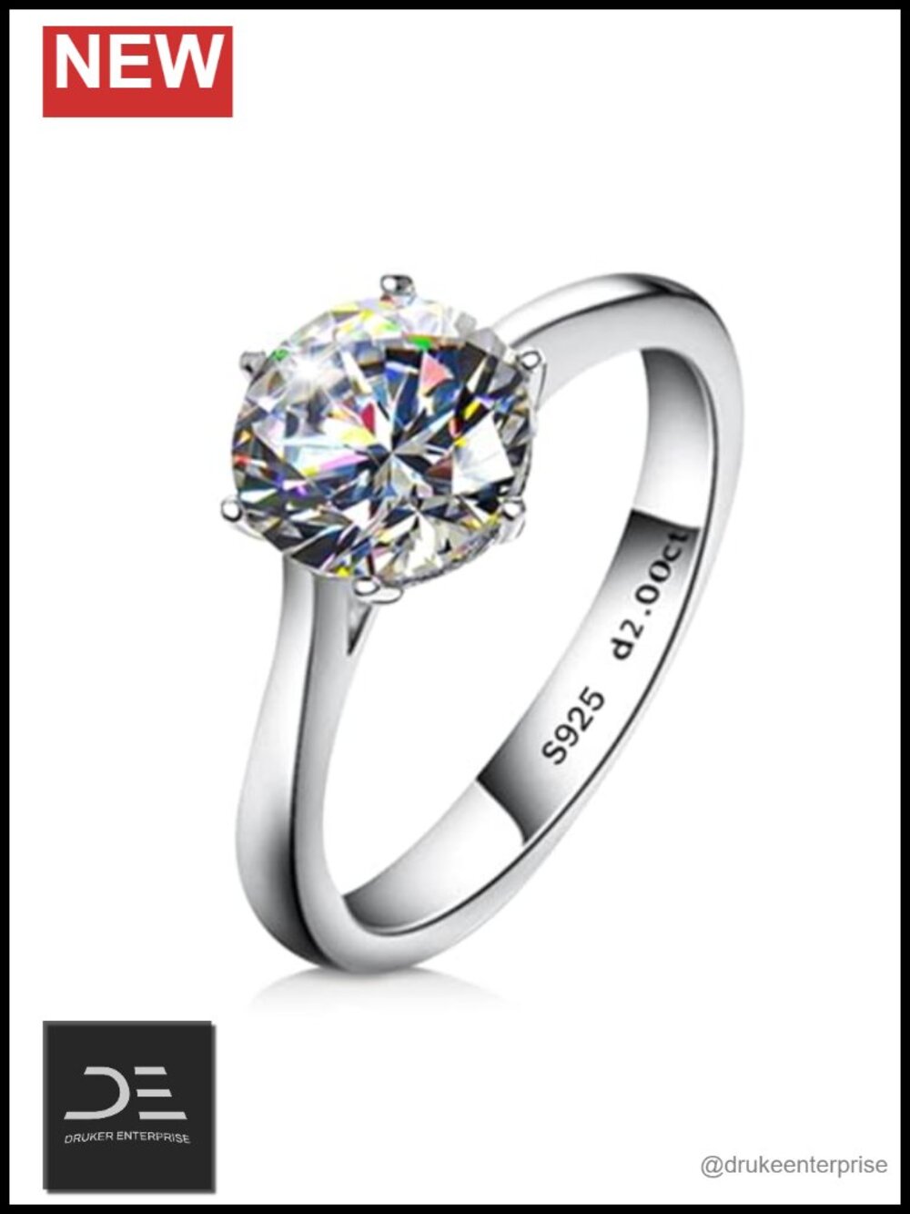 925 Sterling Silver Solitaire Engagement Ring Moissanite 2 Carat Round Cut